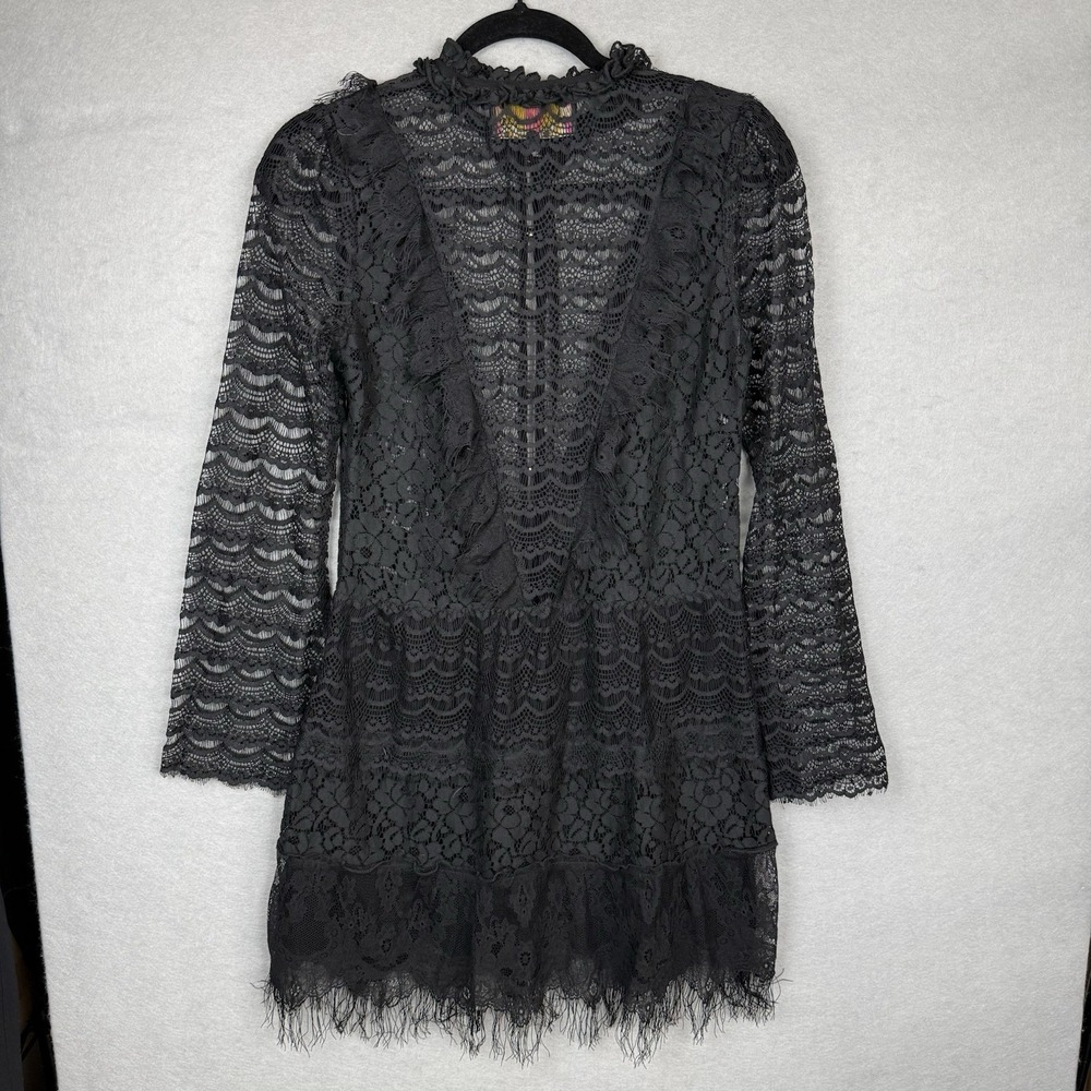 Meghan Los Angeles Lace Dress/Tunic Top Womens 0 Black Sheer Boho Bell Sleeve - Picture 4 of 11